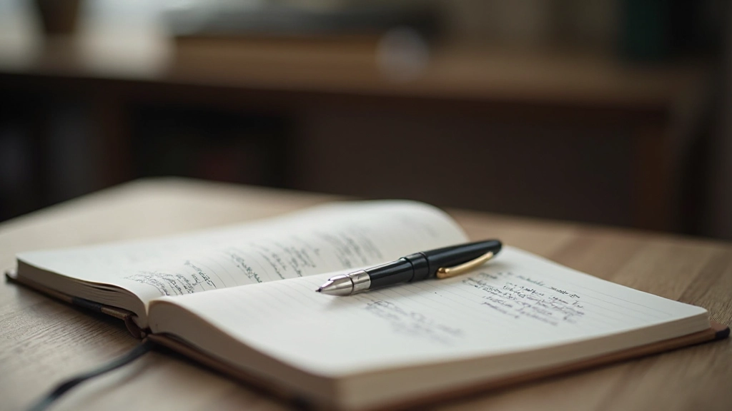Gesloten boek met kladblok en pen op donker bureau in stille studeerkamer