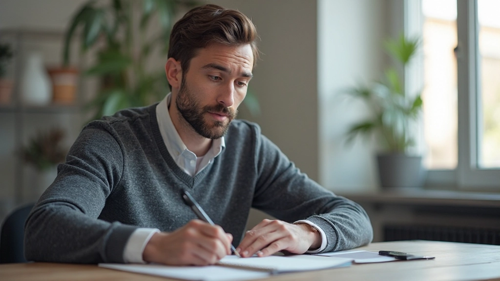Man aan bureau met notitieblok en pen, gefocust op het schrijven van aantekeningen, natuurlijk licht vanuit raam