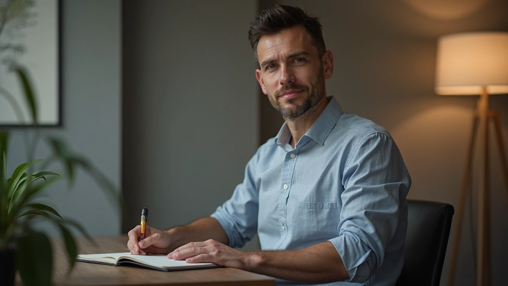 Man van 40 jaar, volledig gekleed in casual overhemd, zittend op stoel met oefenboek, concentratieblik, lichte werkruimte, warm licht, onscherpe achtergrond, GEEN tekst, GEEN watermerken