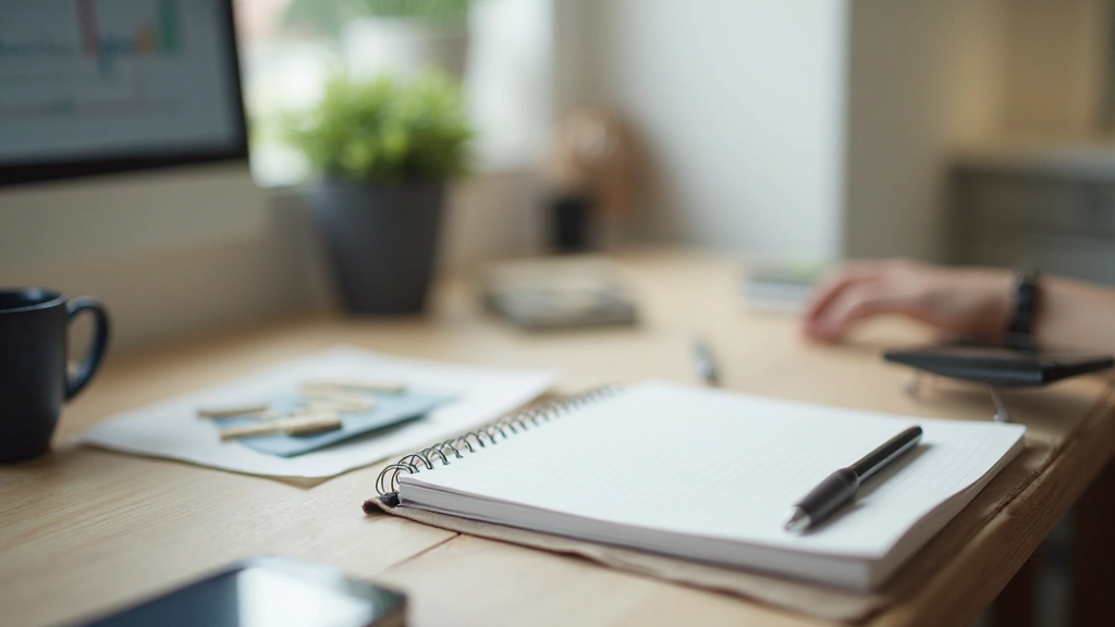 Schoon bureau met alleen notitieboek en pen, telefoon buiten beeld, minimalistische werkplek
