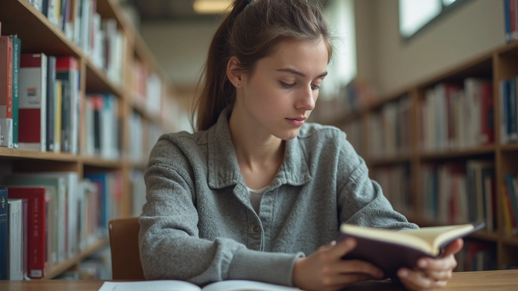 Student in bibliotheek concentreert zich intens op studiemateriaal en notities