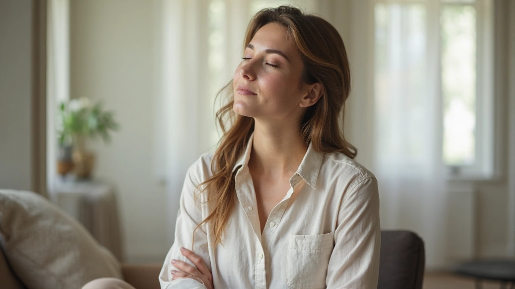 Vrouw met gesloten ogen luistert aandachtig, kalme en vredige uitdrukking, natuurlijk zacht licht