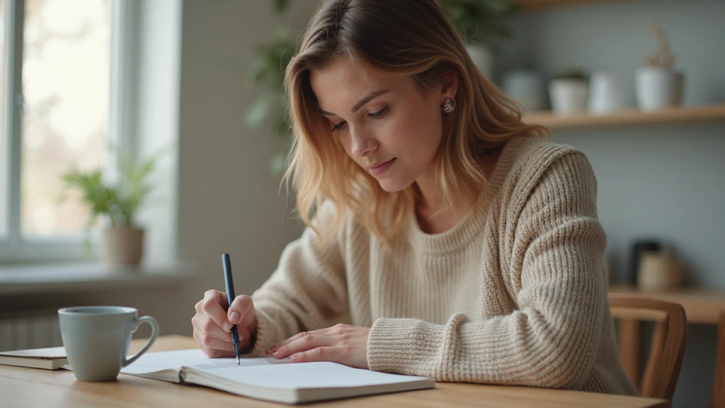 Vrouw zit aan houten tafel en kijkt aandachtig naar notitieblok en kopje koffie