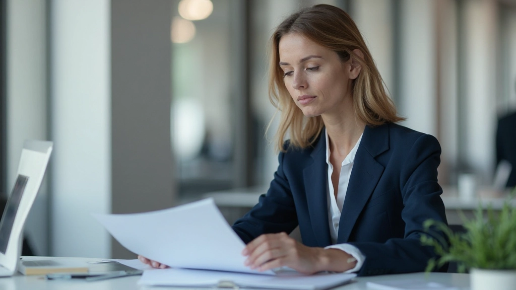 Professionele vrouw in moderne kantoor omgeving analyseert documenten en data met concentratie