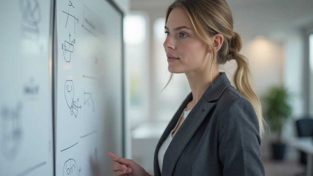 Vrouw van 35 jaar, volledig gekleed in professionele blazer, staand voor whiteboard met schema's, denkende pose, modern kantoor, helder licht, onscherpe achtergrond, GEEN tekst, GEEN watermerken