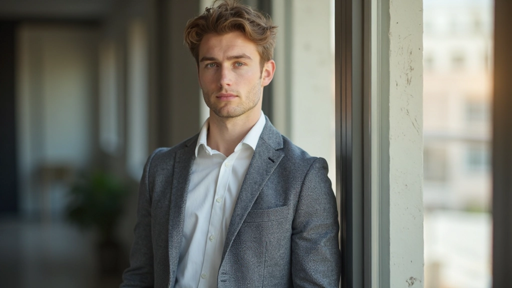 Jongeman van 28 jaar, volledig gekleed in smart casual kleding, staand bij raam met heldere uitdrukking, zonnig daglicht, interieur ruimte, onscherpe achtergrond, GEEN tekst, GEEN watermerken